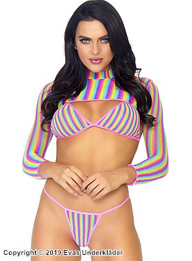 Playful lingerie set, fishnet, long sleeves, rainbow color